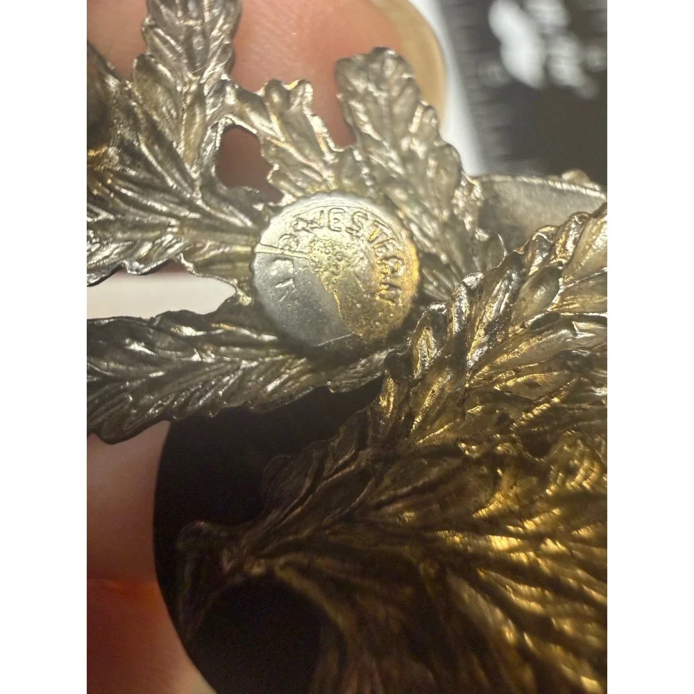 Western Germany Tyrolean Hat Gamsbart Pin Silver Tone Oak Leaf Brooch 2 Inch